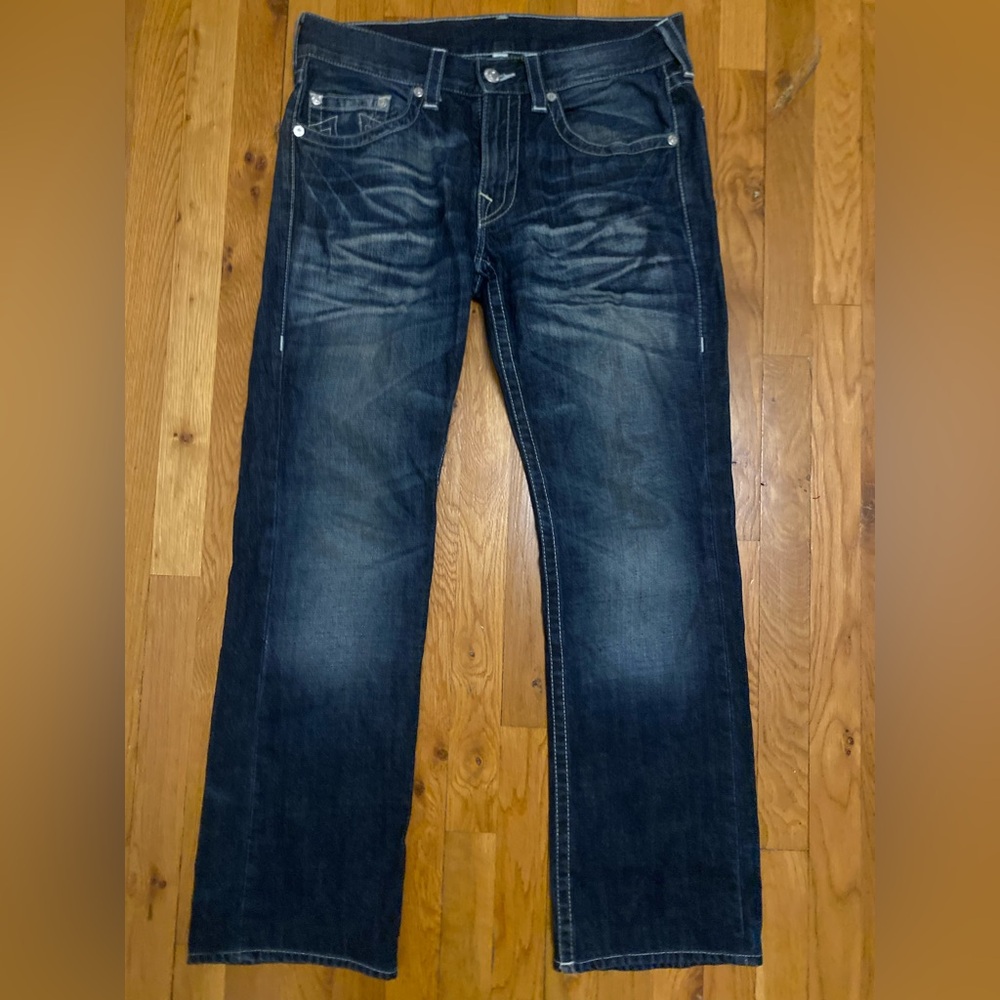 TRUE RELIGION Straight Blue Mens 33x34 Jeans White Contrast Stitch Streetwear